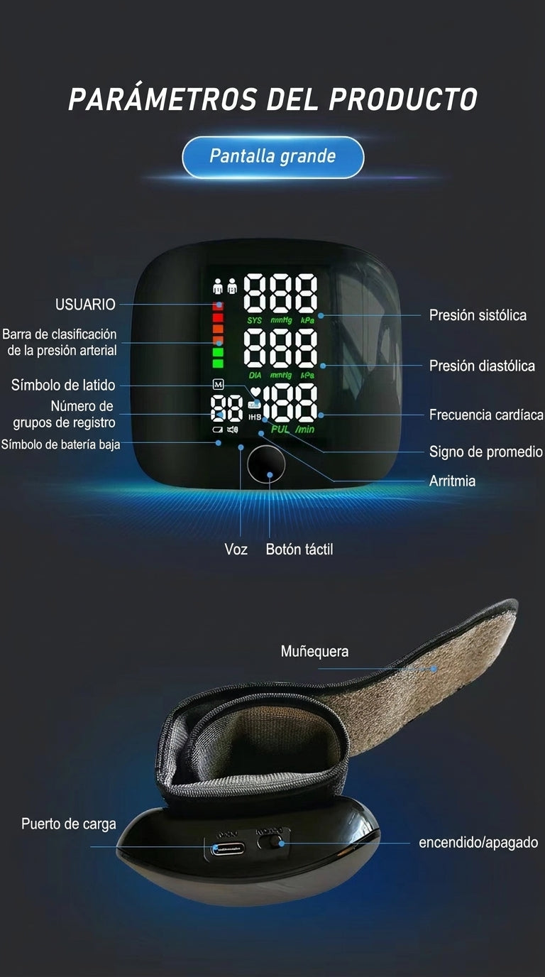 Tensiómetro Digital De Muñeca Pantalla Led Con Voz Memoria